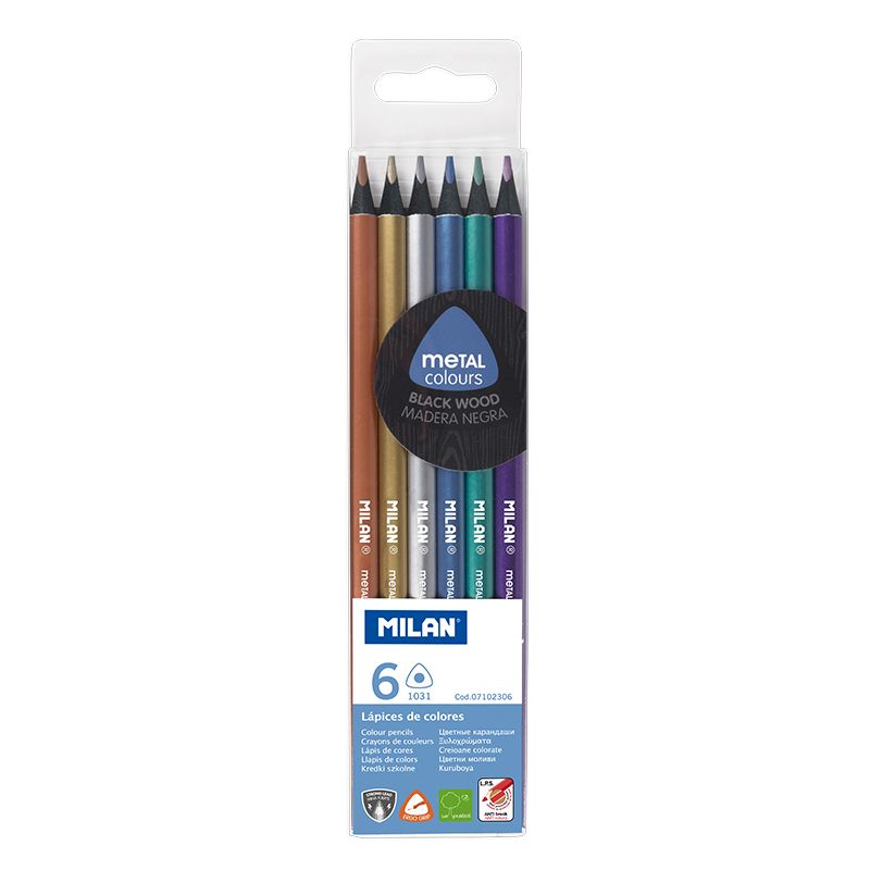 Caja 6 lápices bicolor triangulares madera negra colores metálicos