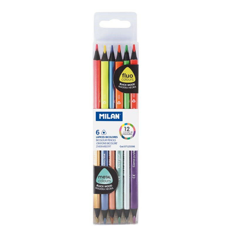Caja 6 lápices bicolor triangulares madera negra (colores fluor + metalizados)